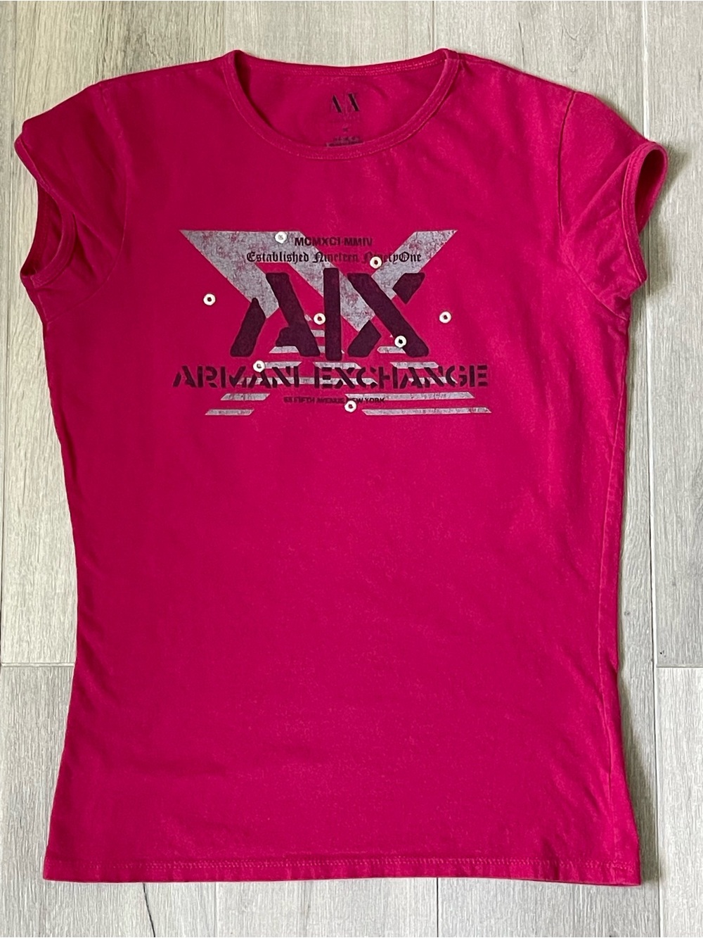Armani Exchange AX Pink Logo Graphic Tee Rhinestone Accent Women’s Medium